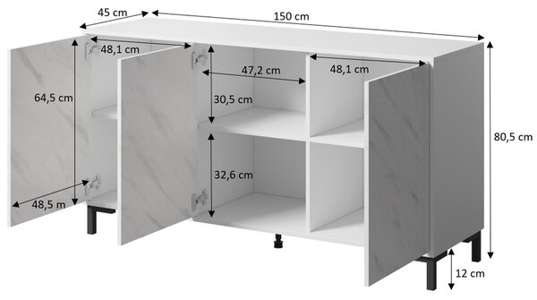MEBLINE Komoda MARMI 150 biela / biely mramor