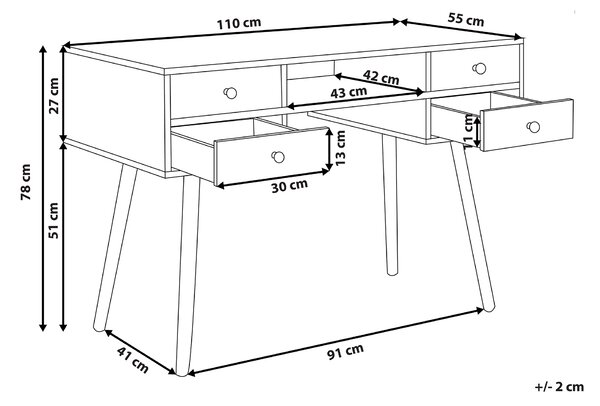 Písací stôl biela svetlé drevo MDF borovicové drevo 110 x 55 cm úložný priestor 4 zásuvky polica moderný škandinávsky štýl kancelária