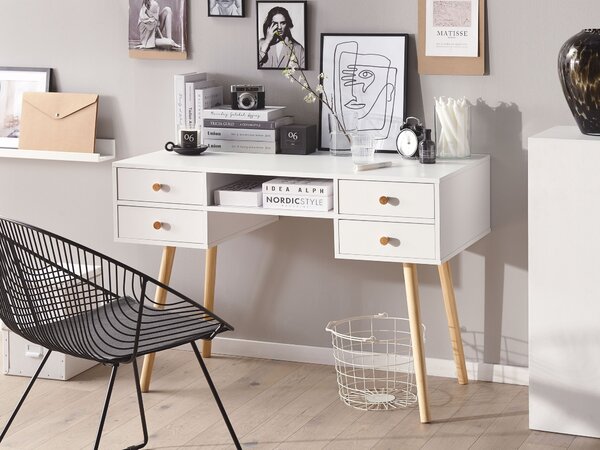 Písací stôl biela svetlé drevo MDF borovicové drevo 110 x 55 cm úložný priestor 4 zásuvky polica moderný škandinávsky štýl kancelária