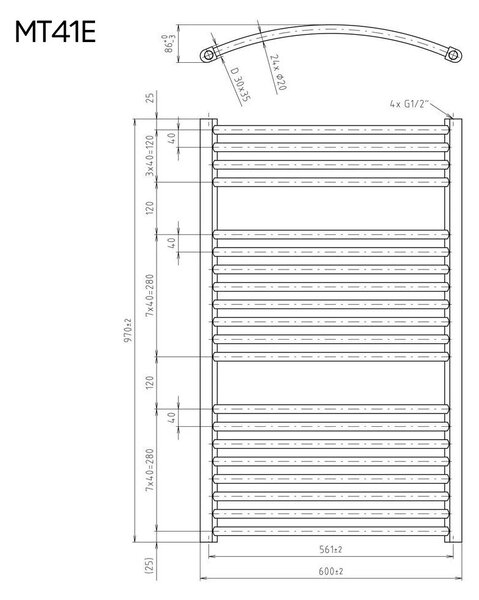 Mereo Mereo, Vykurovací rebrík oblý, 600x970 mm, 600 W, biely, elektrický, MER-MT41E