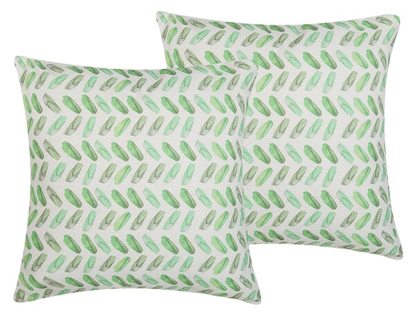 Sada 2 dekoratívnych vankúšov zelená biela polyester 45 x 45 cm abstraktný geometrický vzor štvorcový tvar moderný boho štýl doplnky