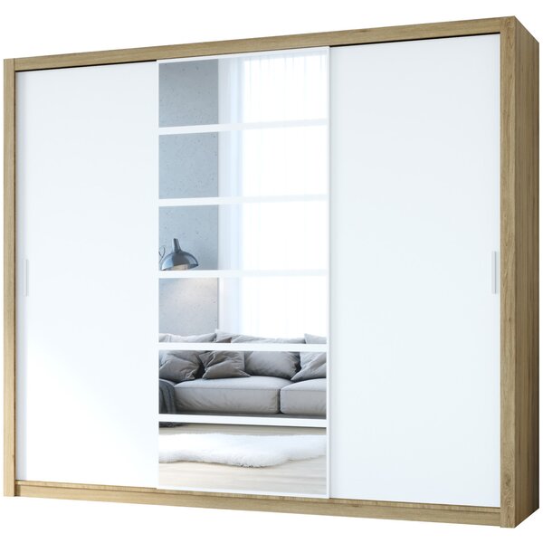 MEBLINE Skriňa s posuvnými dverami so zrkadlom PANAMA 250 dub zlatý / biela