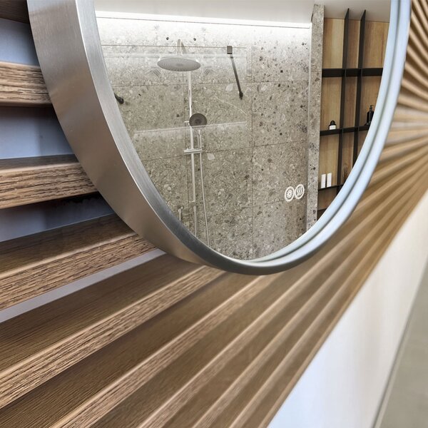Mereo Mereo, okrúhle LED zrkadlo, priemer 60 cm, LED osvetlenie, rám z brúsenej ocele, MER-CN164S