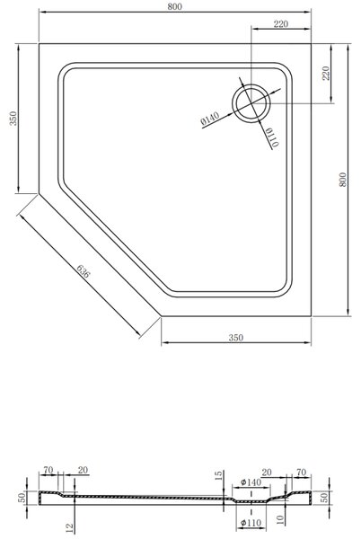 Mexen Flat, päťuholníková sprchová vanička slim 80 x 80 cm, biela, + syfon chrómový - 41P108080