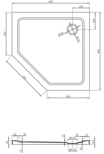 Mexen Flat, päťuholníková sprchová vanička slim 90 x 90 cm, čierna, + syfon chrómový - 41P709090