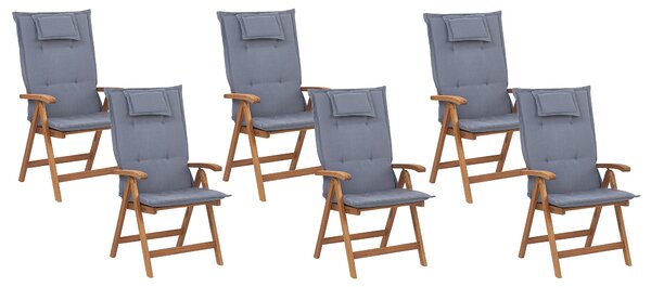 Sada 6 záhradných stoličiek hnedé agátové drevo skladacie nastaviteľné vankúše z modrého textilného poťahu rustikálny vidiecky štýl