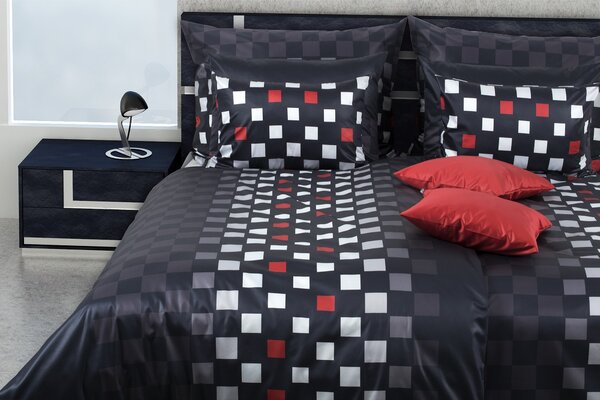 Glamonde luxusné obliečky Luke čierne s červenými, bielymi a šedými štvorcami. NOVINKA! 140×220 cm