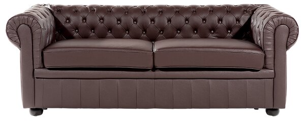 Pohovka chesterfield hnedá kožená čalúnená nízke prešívané operadlo čierne nohy 3-miestna moderná