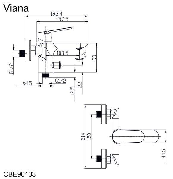 Mereo Mereo, Vaňová nástenná batéria, Viana, bez príslušenstva, 150 mm, chróm, MER-CBE90103