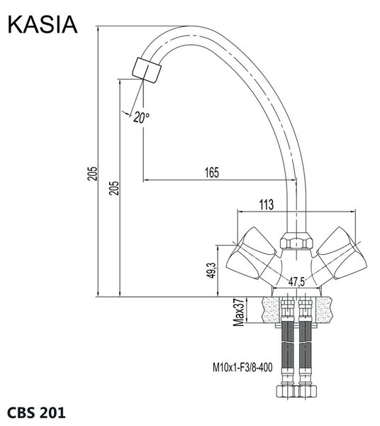 Mereo Mereo, Drezová stojanková batéria, Kasia, výška batérie 250 mm, chróm, MER-CBS201