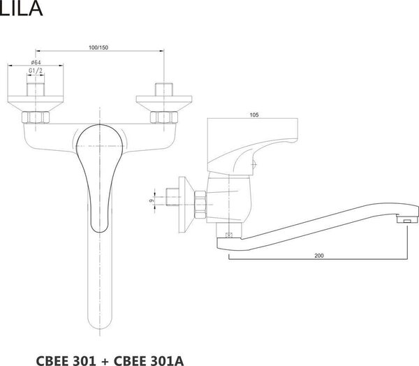 Mereo Mereo, Drezová nástenná baterie, Lila, s ramienkom plochým vyhnutým 200 mm, chróm, MER-CBEE301