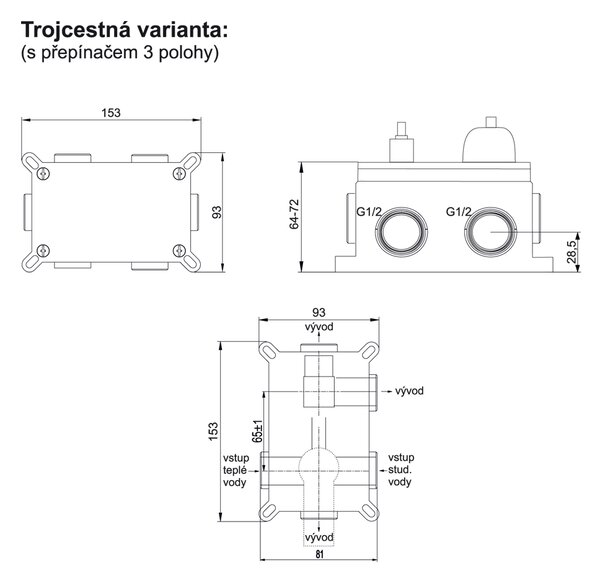 Mereo Mereo, Sprchová sada s podomietkovou batériou - 3-cestná - hranatý kryt, MER-CB60157C2N