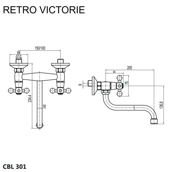 Mereo Mereo, Drezová nástenná batéria, Retro Viktorie, s ramienkom rúrkovým pr. 18 mm - 200 mm, MER-CBL301