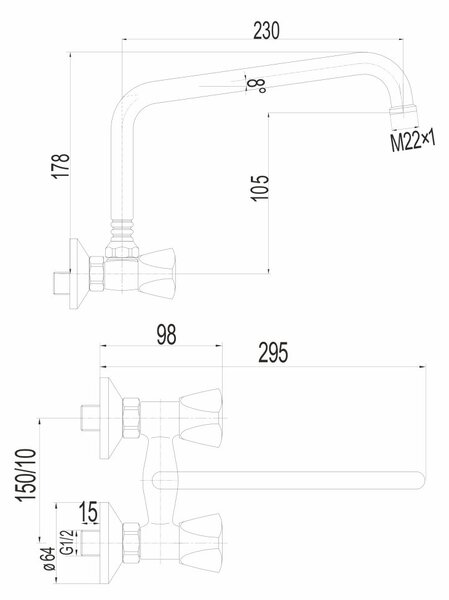 Mereo Mereo, Drezová nástenná batéria, Kasia, s U ramienkom rúrkovým ø 18 mm - 230 mm, chróm, MER-CBS30104
