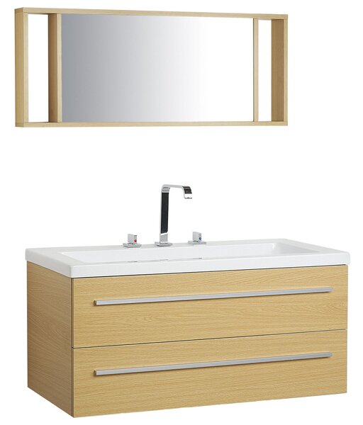 Kúpeľňová skrinka pod umývadlo, béžová a strieborná, 2 zásuvky, zrkadlo moderné
