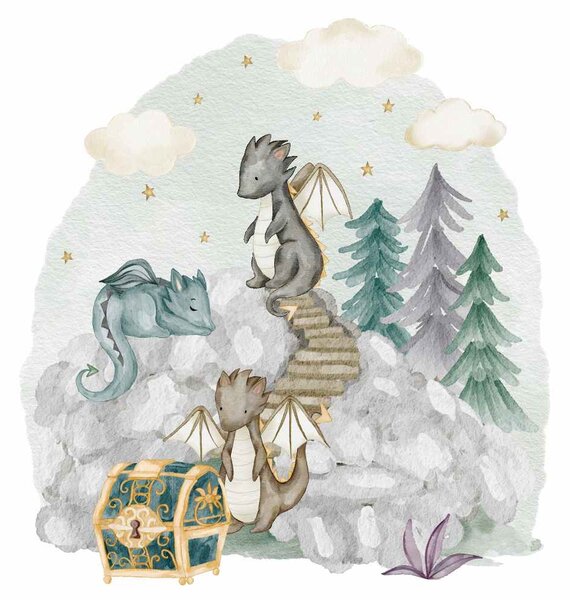 Detská nálepka na stenu The world of dragons - draci, skaly a poklad Rozmery: 50 x 47 cm