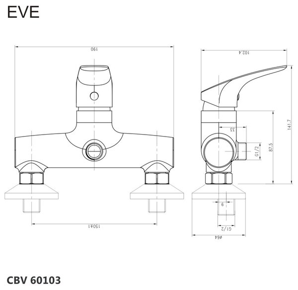 Mereo Mereo, Sprchová nástenná batéria, Eve, bez príslušenstva, 150 mm, chróm, MER-CBV60103