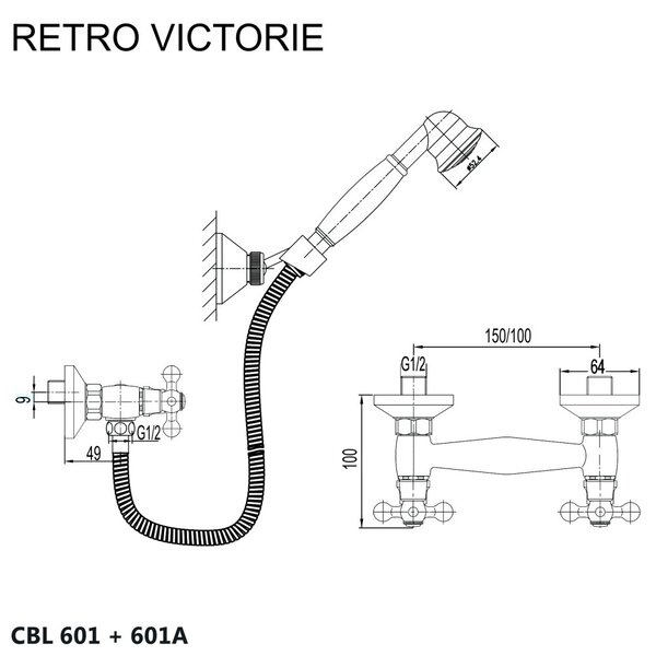 Mereo Mereo, Sprchová nástenná batéria, Retro Viktorie, s príslušenstvom, chróm, MER-CBL601
