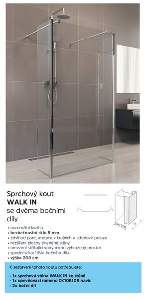 Mereo Mereo, Bočný diel pre WALK IN, Novea, výška 200 cm, chróm ALU, sklo Číre, MER-CK10635S