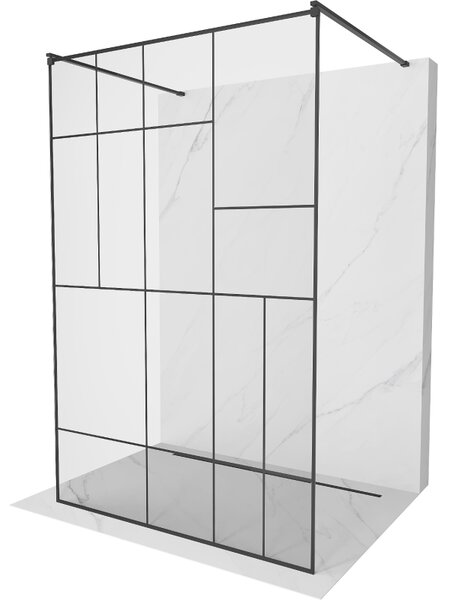 Mexen Kioto, priechodná sprchová zástena 110 x 200 cm, 8mm sklo číre/čierny vzor, 2x čierna stabilizačná rozpera, 800-110-002-70-78