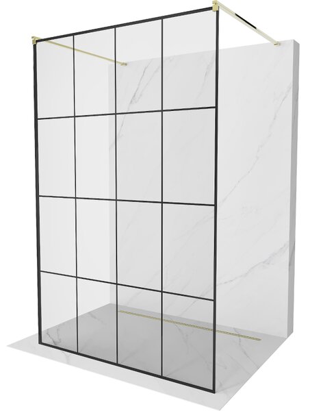 Mexen Kioto, priechodná sprchová zástena 130 x 200 cm, 8mm sklo číre/čierny vzor, 2x zlatá stabilizačná rozpera, 800-130-002-50-77