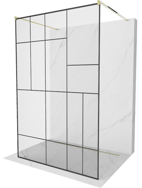 Mexen Kioto, priechodná sprchová zástena 100 x 200 cm, 8mm sklo číre/čierny vzor, 2x zlatá stabilizačná rozpera, 800-100-002-50-78