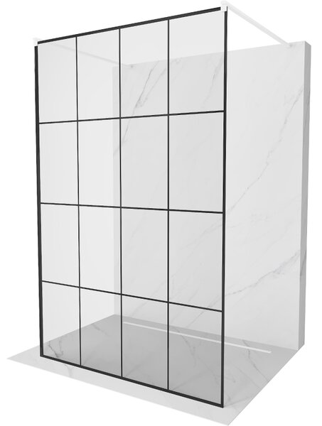 Mexen Kioto, priechodná sprchová zástena 130 x 200 cm, 8mm sklo číre/čierny vzor, 2x biela stabilizačná rozpera, 800-130-002-20-77