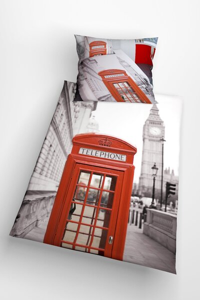 Glamonde luxusné obliečky Telephone s červenou telefónnou búdkou a realistickým zobrazením mesta. 140×200 cm