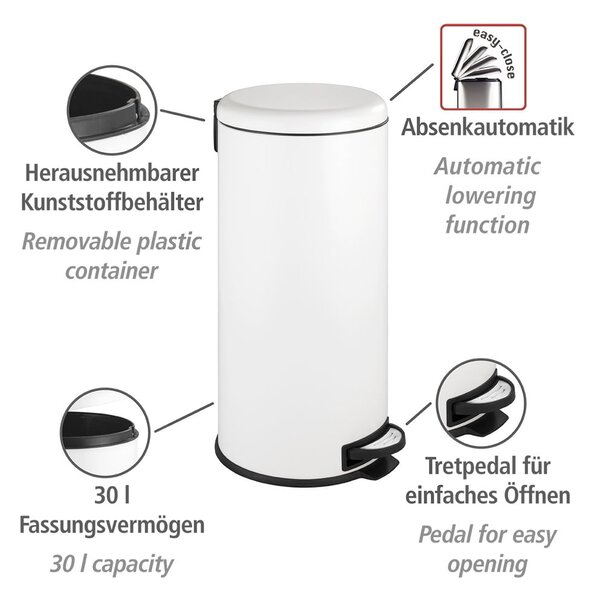 Biely nášľapný oceľový odpadkový kôš 30 l Leman – Wenko