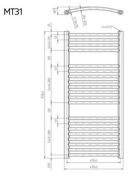 Mereo Mereo, Vykurovací rebrík, 450x970 mm, 562 W, oblý, biely, MER-MT31