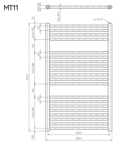 Mereo Mereo, Vykurovací rebrík, rovný, 600x970 mm, 752 W, biely, MER-MT11