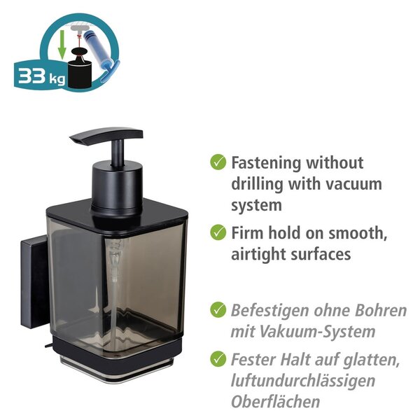 Čierny samodržiaci plastový dávkovač mydla 340 ml Quadro – Wenko