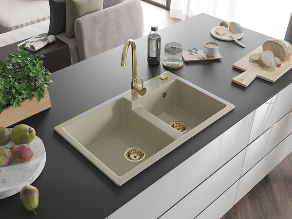 Mexen Tomas, granitový drez 800x500x190 mm, 2-komorový, béžová so zlatým sifónom, 6516802000-69-G