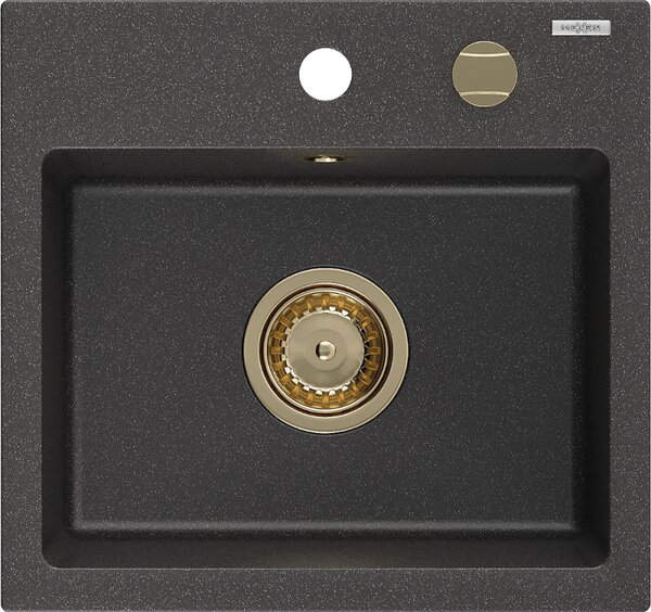 Mexen Milo, granitový drez 435x410x171 mm, 1-komorový, čierna škvrnitá so zlatým sifónom, 6505441000-76-G