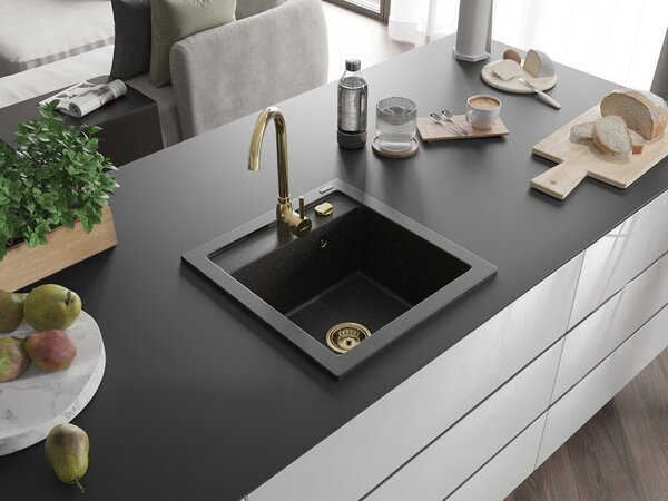 Mexen Vito, granitový drez 520x490x210 mm, 1-komorový, čierna-zlatá metalíza so zlatým sifónom, 6503521000-75-G