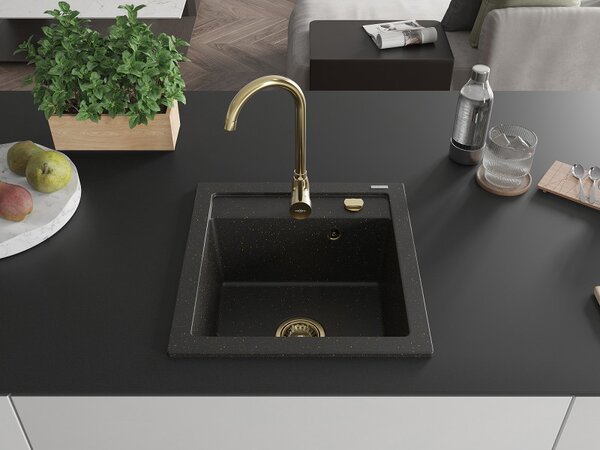 Mexen Vito, granitový drez 520x490x210 mm, 1-komorový, čierna-zlatá metalíza so zlatým sifónom, 6503521000-75-G
