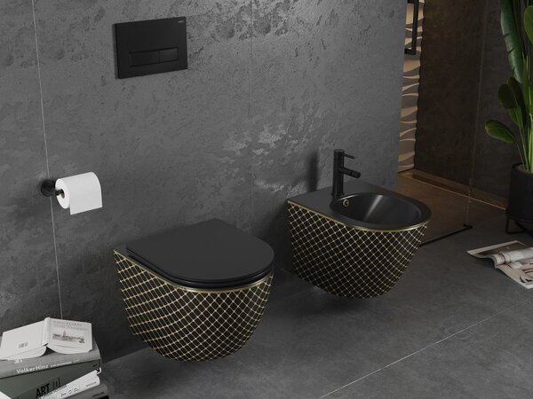 Mexen Lena, závesný bidet 480x370x325 mm, čierna matná - zlatý vzor, 35224879