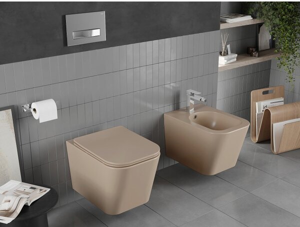 Mexen Teo Rimless, závesná wc misa 51x34,5x34 cm so sedátkom s pomalým dopadom z duroplastu, cappuccino matná, 30854064