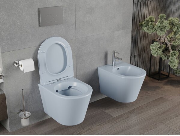 Mexen Rico, závesné WC Rimless s WC doskou slim, duroplast, šedá-modrá matná, 30724069