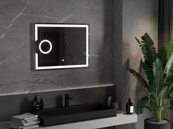 Mexen Onyx, LED kúpeľňové zrkadlo s podsvietením a kozmetickým zrkadielkom 80x60 cm, 6000K, ochrana proti zahmlievaniu, 9813-080-060-611-00