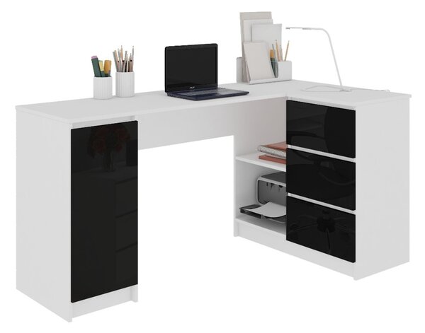 Písací stôl KORDA B20, 155x77x85/48,5, biela/čierna lesk, pravá