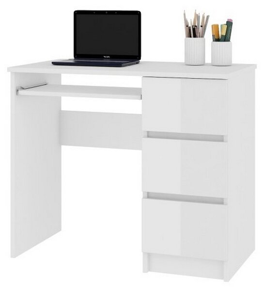 Písací stôl KORDA A-6, 90x77x50, biela/biela lesk, pravá