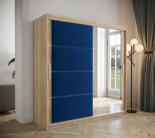Šatníková skriňa Tempica 200cm so zrkadlom, sonoma/modrý panel