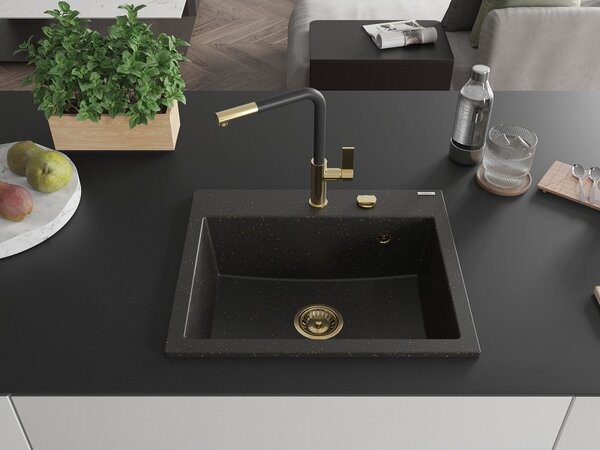 Mexen Oscar, 1-komorový granitový drez 580x490x205 mm, čierna-zlatá metalíza, 6519581000-75-G