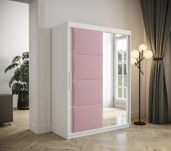 Šatníková skriňa Tempica 150cm so zrkadlom, biela/ružový panel