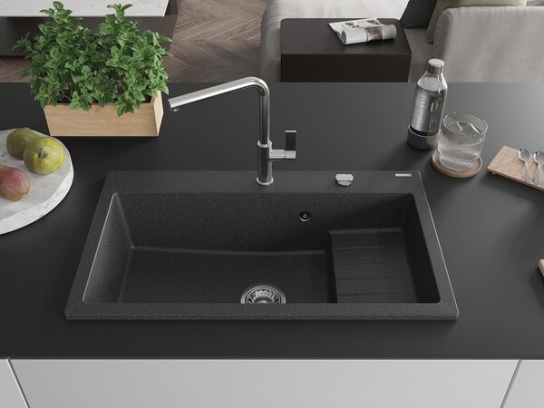 Mexen Omar, 1-komorový granitový drez 800x480x210 mm, čierna škvrnitá, chrómový sifón, 6520801005-76