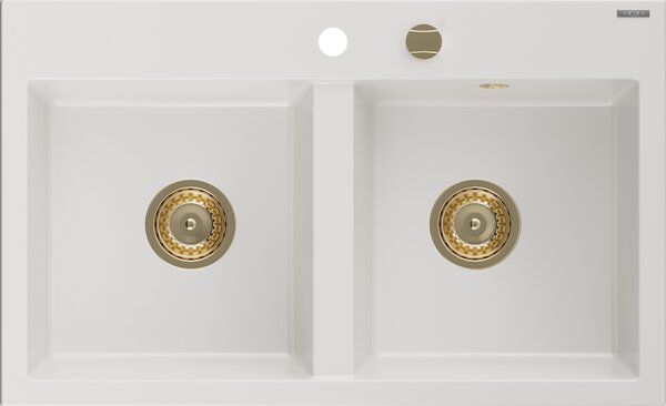 Mexen Hektor, 2-komorový granitový drez 800x480x205 mm, biela, zlatý sifón, 6521802000-20-G