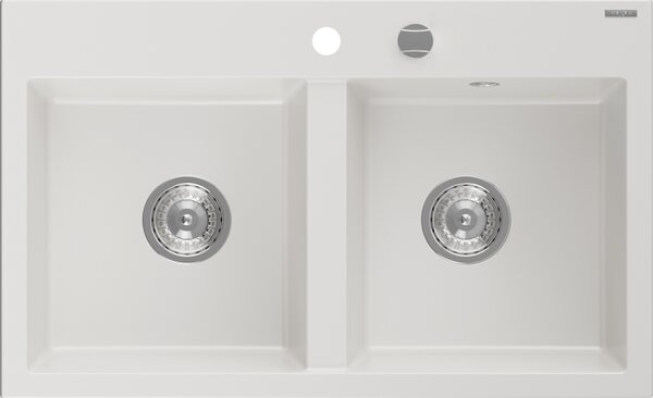 Mexen Hektor, 2-komorový granitový drez 800x480x205 mm, biela, chrómový sifón, 6521802000-20