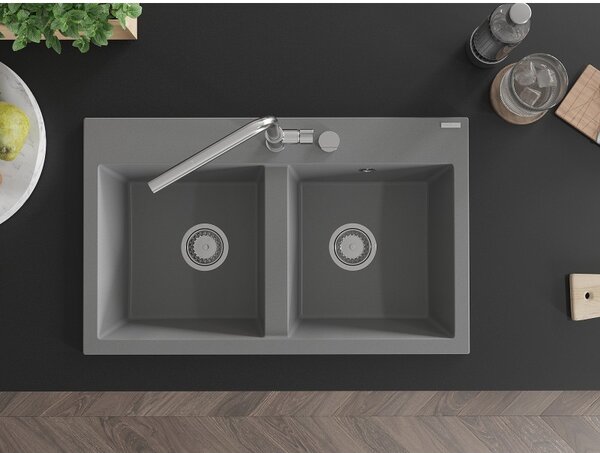 Mexen Hektor, 2-komorový granitový drez 800x480x205 mm, šedá, chrómový sifón, 6521802000-71