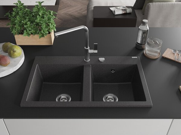 Mexen Hektor, 2-komorový granitový drez 800x480x205 mm, čierna škvrnitá, chrómový sifón, 6521802000-76